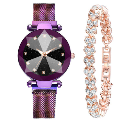 Women's Watch Square Diamond Rhinestone Starry Sky Face Ladies Casual Fashion Watch Set Bracelet Watch