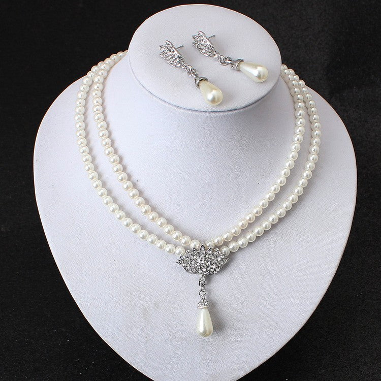 Pearl Crystal Short Collarbone Neck Necklace Set - European & American Jewelry