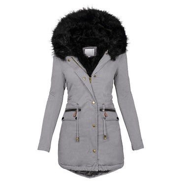 Women's Solid Color Fur Collar Hooded Mid-Length Warm Cotton Coat