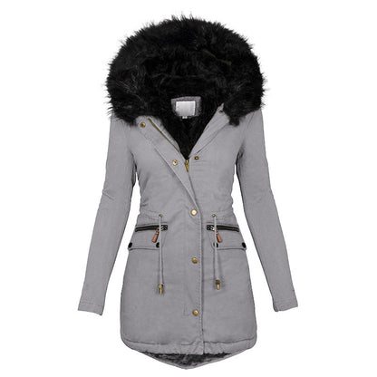 Women's Solid Color Fur Collar Hooded Mid-Length Warm Cotton Coat