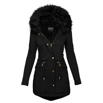 Women's Solid Color Fur Collar Hooded Mid-Length Warm Cotton Coat