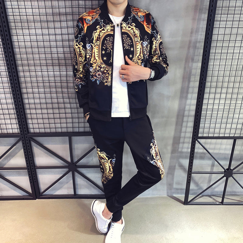 Autumn Men's Sports 2-Piece Gold Print Jacket Pant Tracksuit Suit New Men Sportswear Hombre Men's Casual Printing Suit