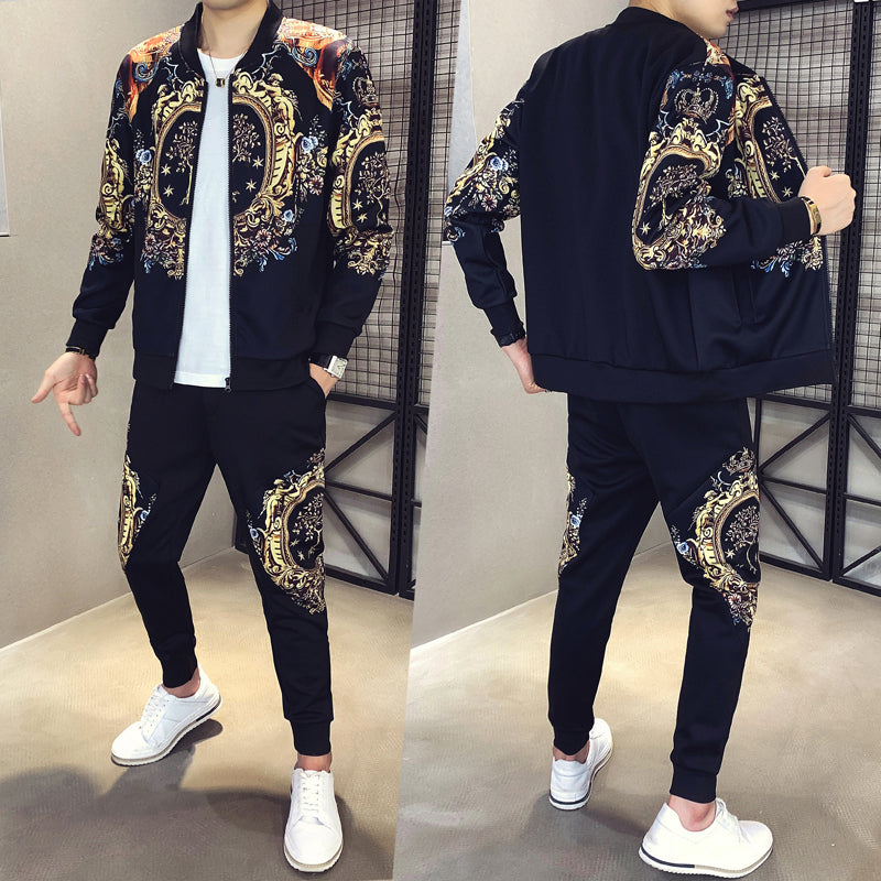 Autumn Men's Sports 2-Piece Gold Print Jacket Pant Tracksuit Suit New Men Sportswear Hombre Men's Casual Printing Suit