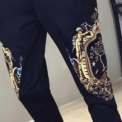 Autumn Men's Sports 2-Piece Gold Print Jacket Pant Tracksuit Suit New Men Sportswear Hombre Men's Casual Printing Suit