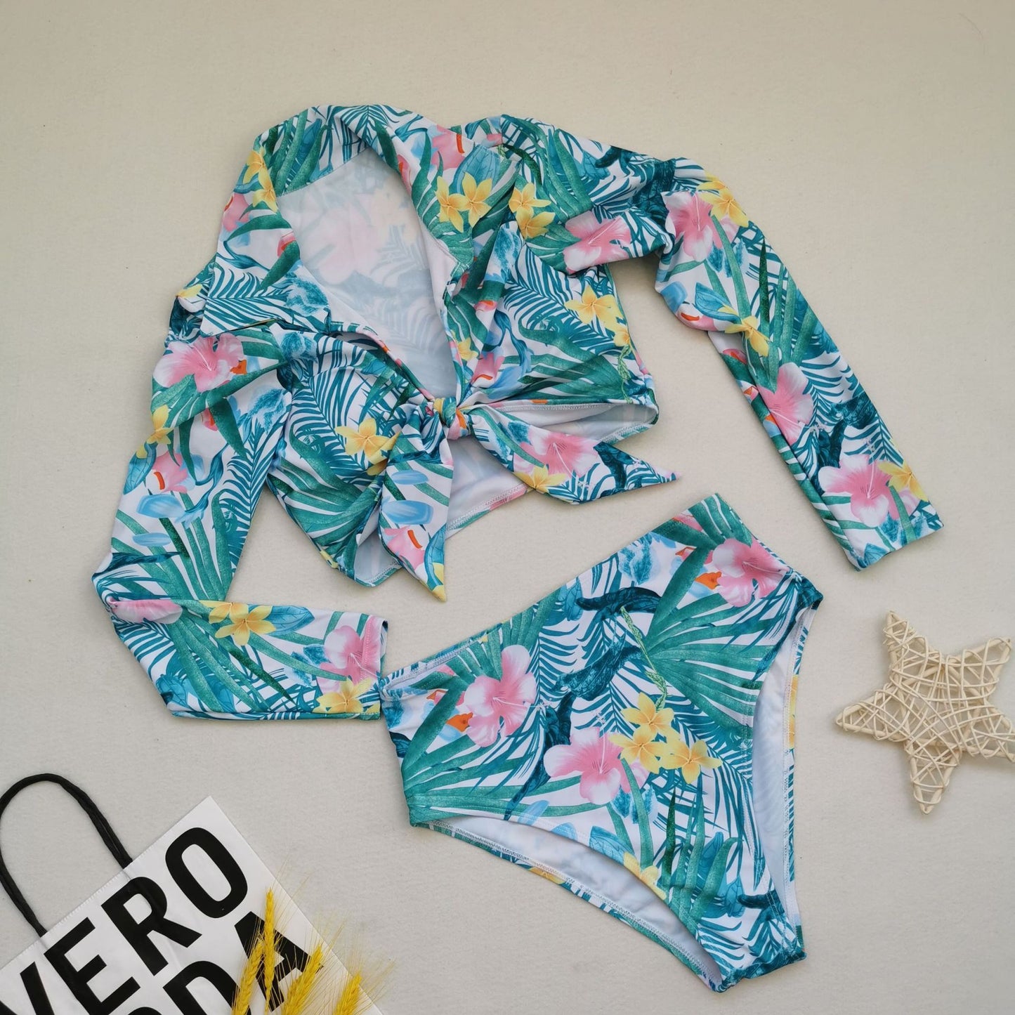Foreign Trade Sexy High Waist Long Sleeve Printed Bikini