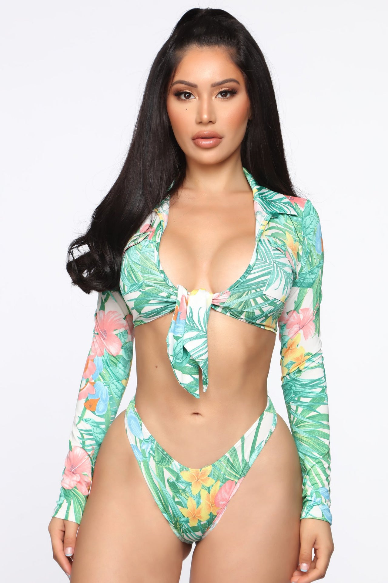 Foreign Trade Sexy High Waist Long Sleeve Printed Bikini
