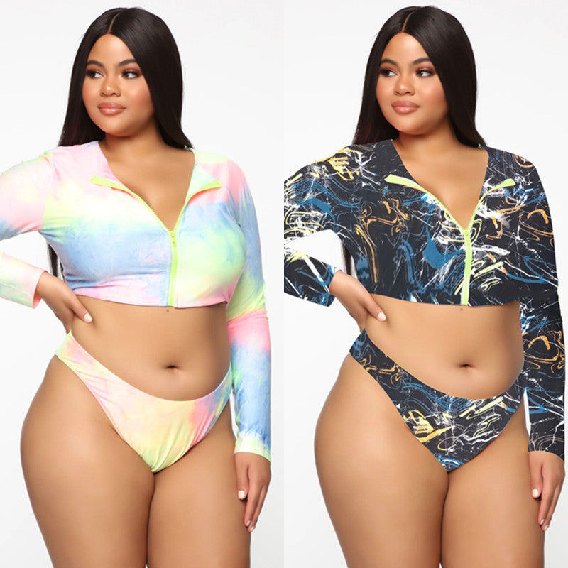 Bikini Långärmad Dragkedja Baddräkt Plus Size Färgglad Sexig Plus Baddräkt