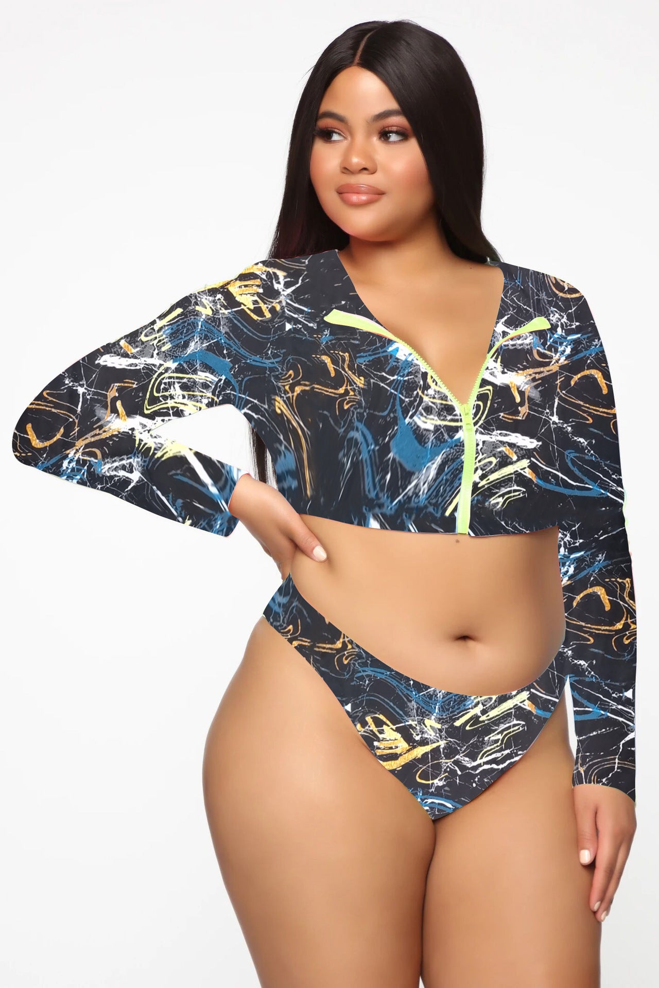 Bikini Långärmad Dragkedja Baddräkt Plus Size Färgglad Sexig Plus Baddräkt