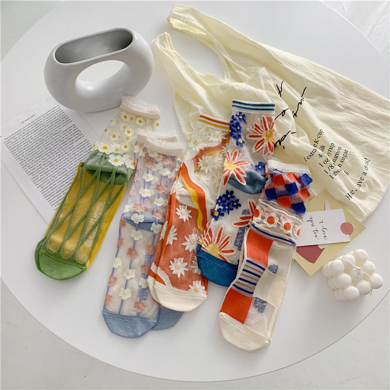 Chaussettes en soie de verre respirantes de personnalité rétro chaussettes japonaises de couleur vive