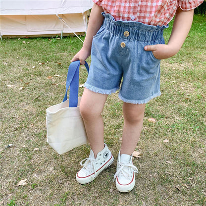 Flickor med hög midja Blomknopp Koreansk sommarklänning Nya Kids Denim Girl Hot Pants