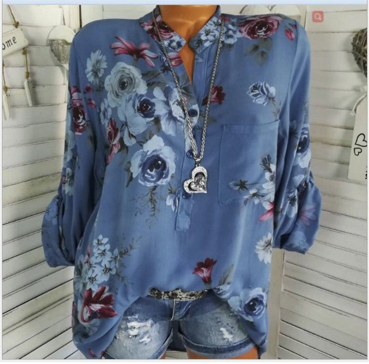 5XL Plus Size Summer Tops Women Blouses Long Sleeve Print Stand Collar Button Blouse Pullover Womens Clothing Shirt Blusa