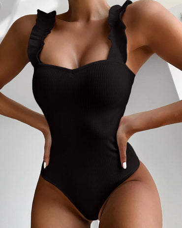 Ny sexig baddräkt för kvinnor med volang, baddräkt med push up-effekt, monokini, enfärgade baddräkter, sommarstrandkläder