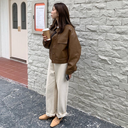 Spring Niche Handsome Lapel Single-Breasted Loose Casual Long-Sleeved Motorcycle Clothing Leather Short Jacket Women