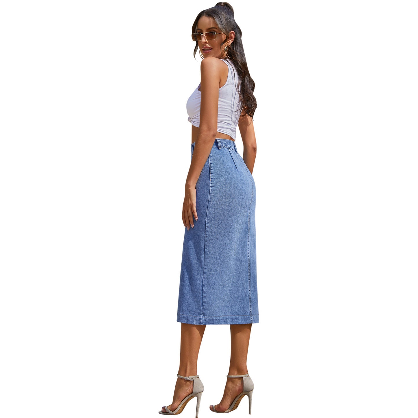 Button Irregular Slit denim Kjol med hög midja