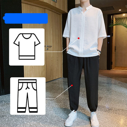 Ice Silk Short-Sleeved T-Shirt Men'S Summer Trend Set With Handsome Clothes Men'S Casual Linen Suit