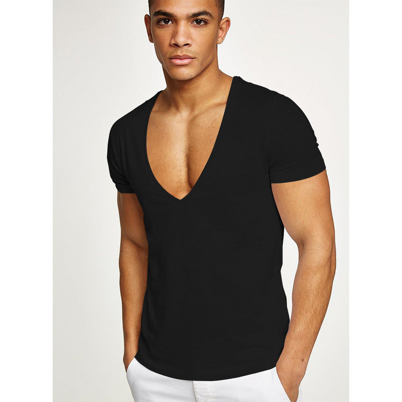 Chemises hommes col en V profond à manches courtes t-shirts été Streetwear décontracté solide mince Polyester t-shirts gymnase Fitness boxe t-shirt hauts