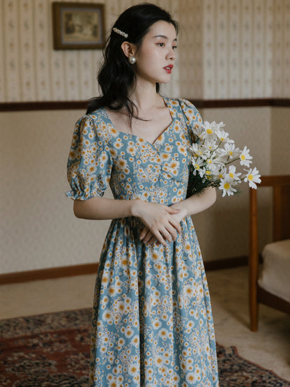 V-neck Blue Bottom Chrysanthemum Print Dress