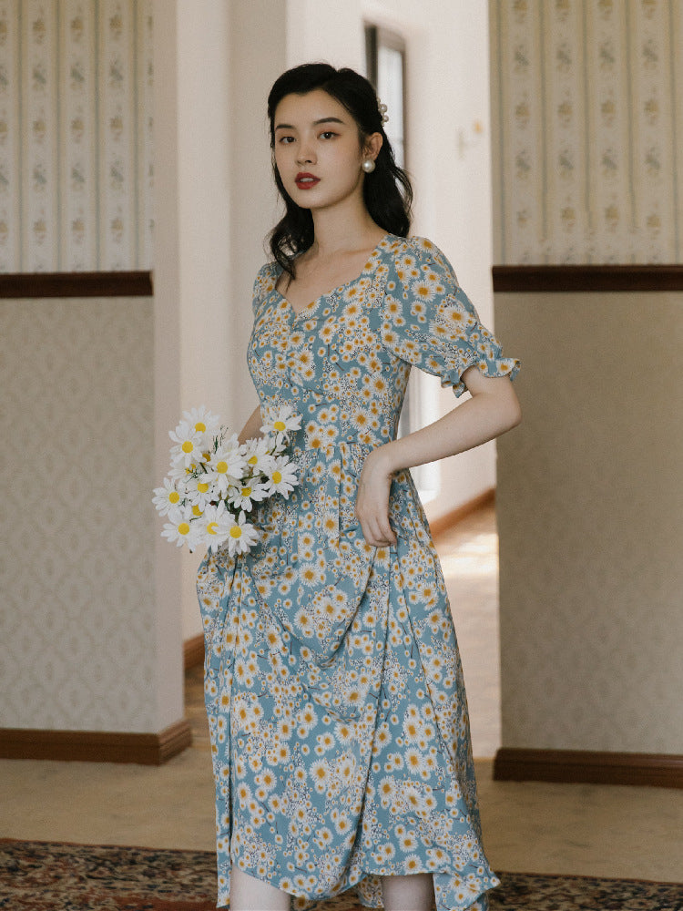 V-neck Blue Bottom Chrysanthemum Print Dress