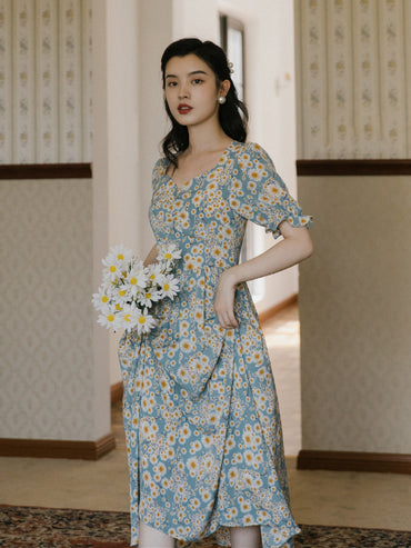 V-neck Blue Bottom Chrysanthemum Print Dress