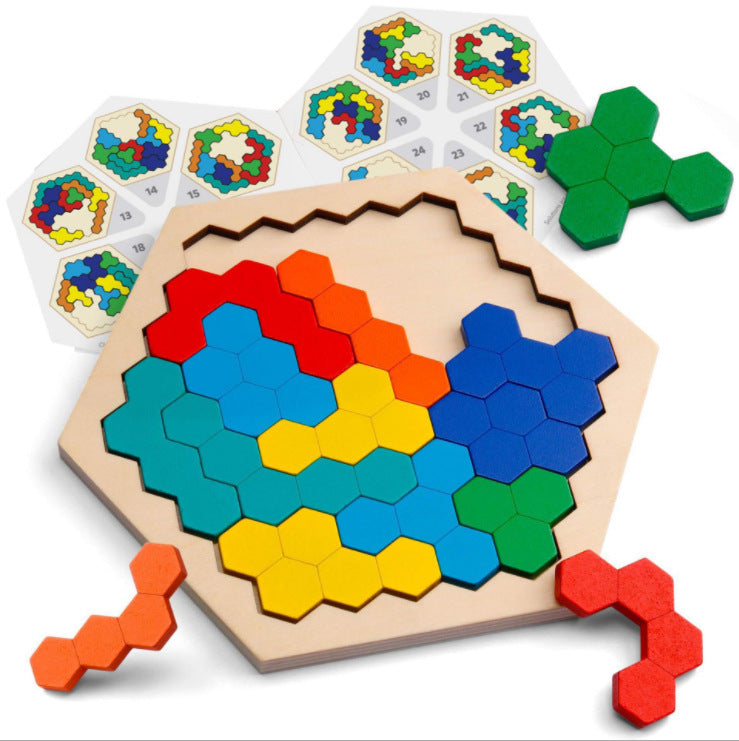 Tangram Wooden Hexagon Puzzles ToyTable Game Playset Toddlers Toys