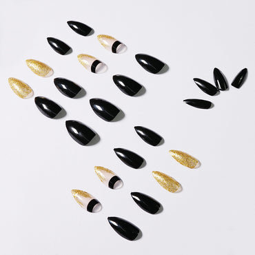 Black Gold Glitter Pointed Wear Nail Art Finished Fake Nails