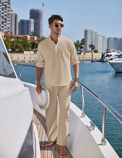 Solid Color Casual Cotton Men's Long Sleeve Trousers Suit