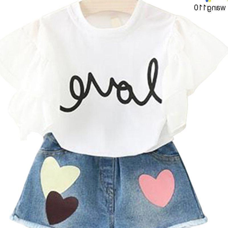 Ensembles de vêtements d'été pour enfants filles, 2 pièces, T-shirt et pantalon à trous