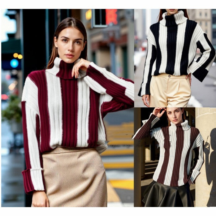 Women's Patchwork Turtleneck Long-sleeved Sweater