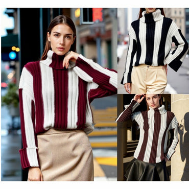 Women's Patchwork Turtleneck Long-sleeved Sweater