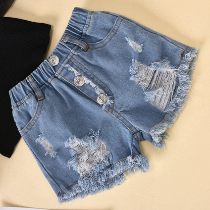 Barnkläder Bomull Dot Mesh-ärmar Randig topp Ripped jeansshorts Barnkostym