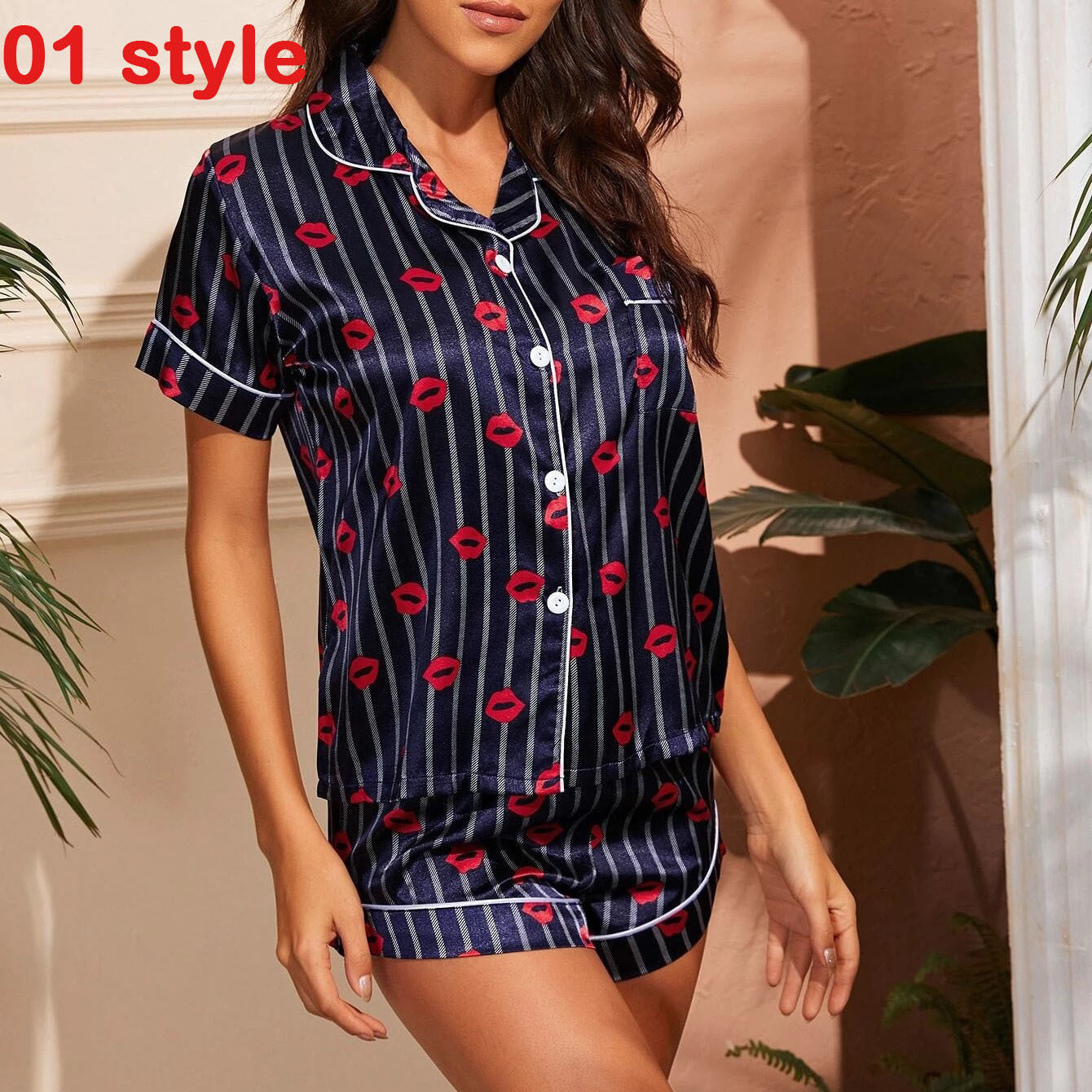 Sommar Satin Kvinnor Pajams Tryck V-hals sträcka underkläder Kvinnliga sömnkläder Casual Shorts Set Loungewear Kvinnor