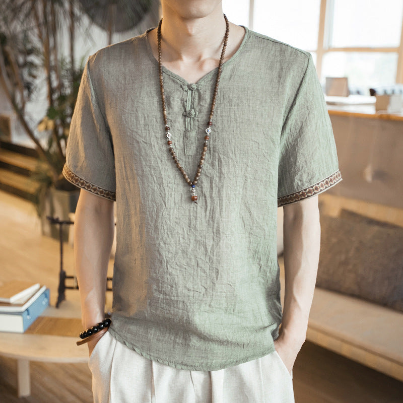 Chinese style embroidery buckle short sleeves Thin section linen casual large size short sleeve men's cotton and linen T-shirt