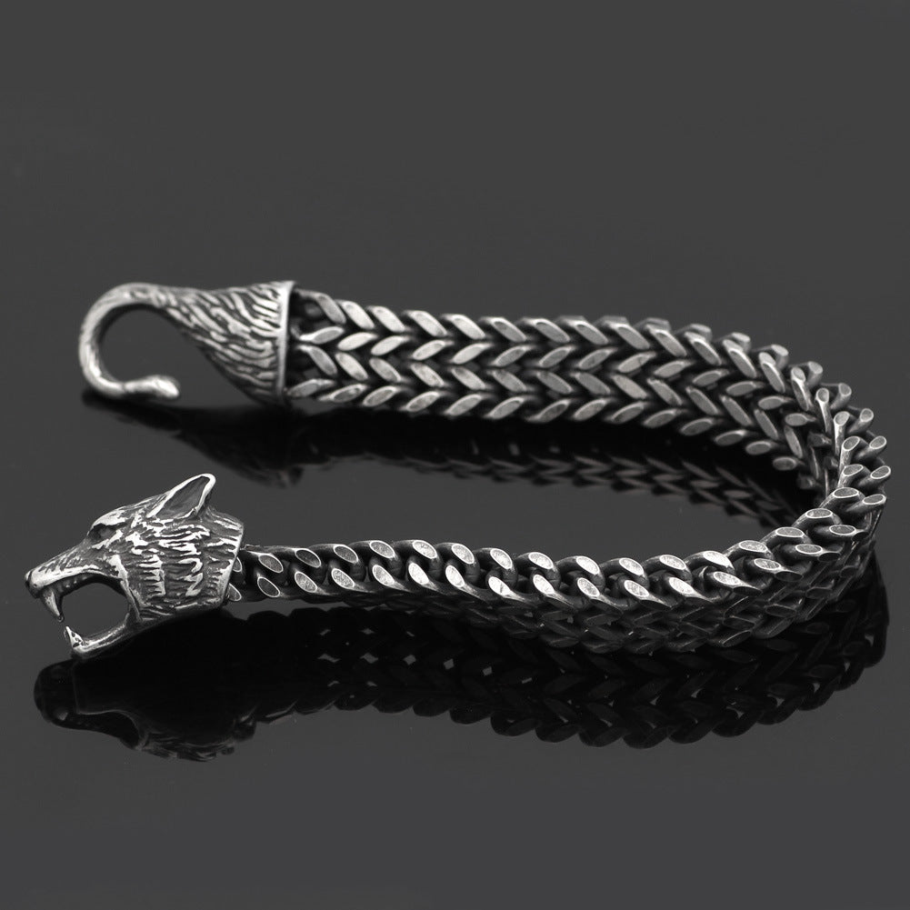 Bracelet Vintage en acier inoxydable pour hommes, tête de loup noir, chaîne cubaine, bijoux à la mode, vente en gros, accessoires, cadeaux