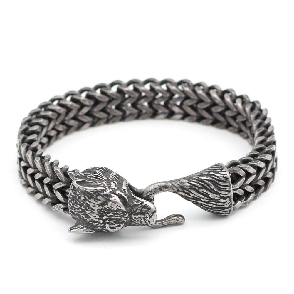 Bracelet Vintage en acier inoxydable pour hommes, tête de loup noir, chaîne cubaine, bijoux à la mode, vente en gros, accessoires, cadeaux