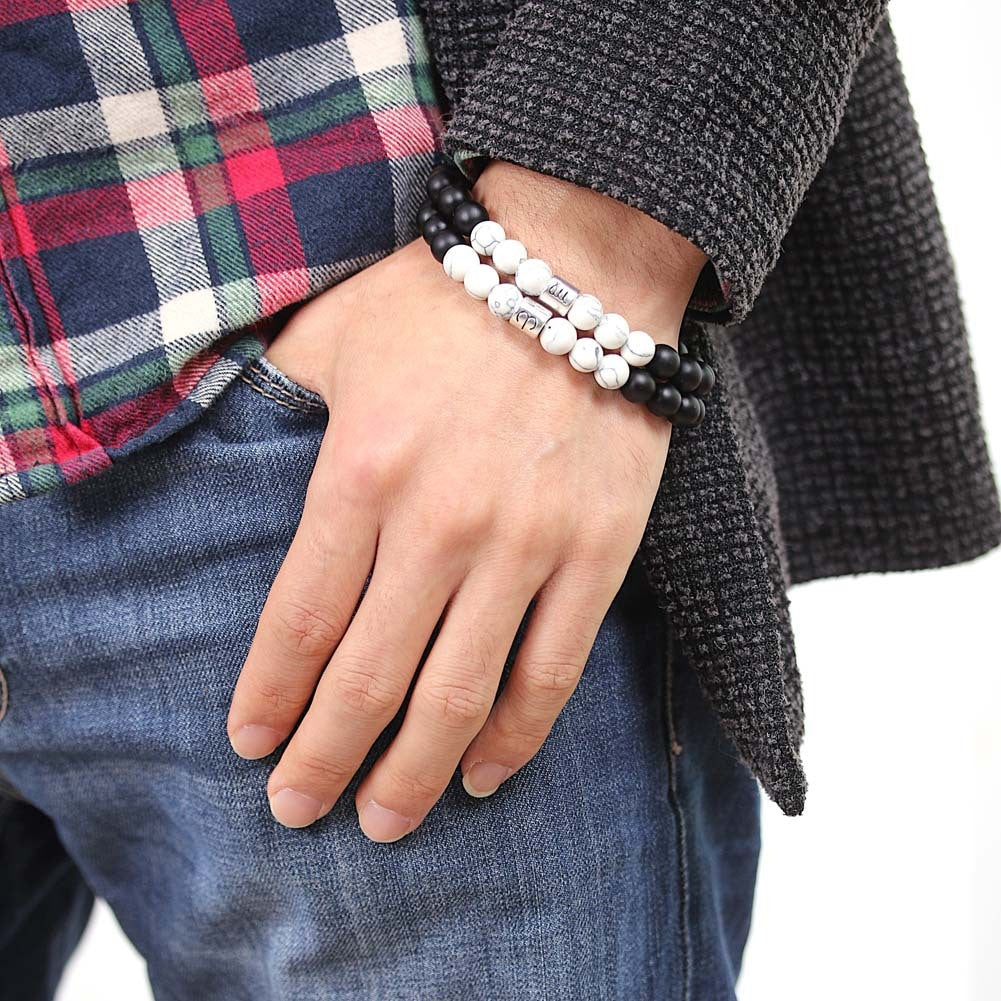 Frostad svart agat vit turkos pararmband för män och kvinnor pärlarmband 12 konstellationspärlarmband