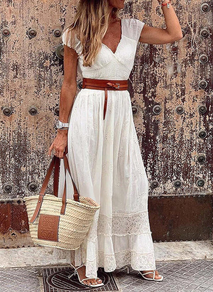 Women's Long Lace Stitching Elegant Dress Long Skirt