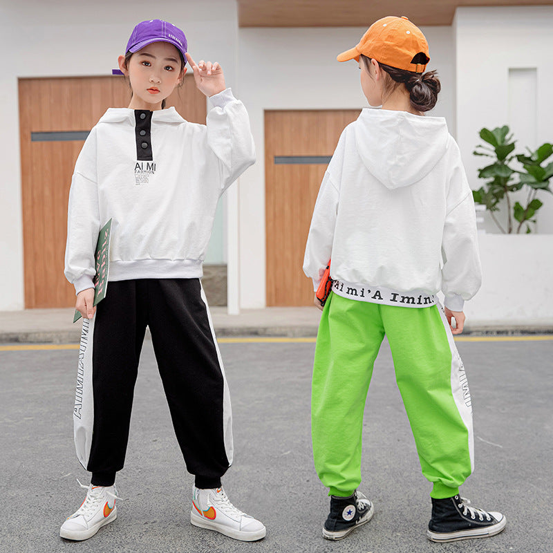 Boys" Spring Suit New Middle School Children"s Hooded Sweater Pure Cotton Color Matching Leggings Children"s Sports Pants Fashion