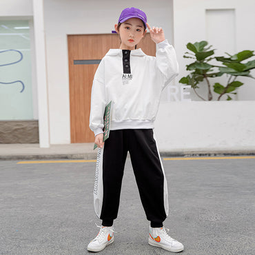 Boys" Spring Suit New Middle School Children"s Hooded Sweater Pure Cotton Color Matching Leggings Children"s Sports Pants Fashion