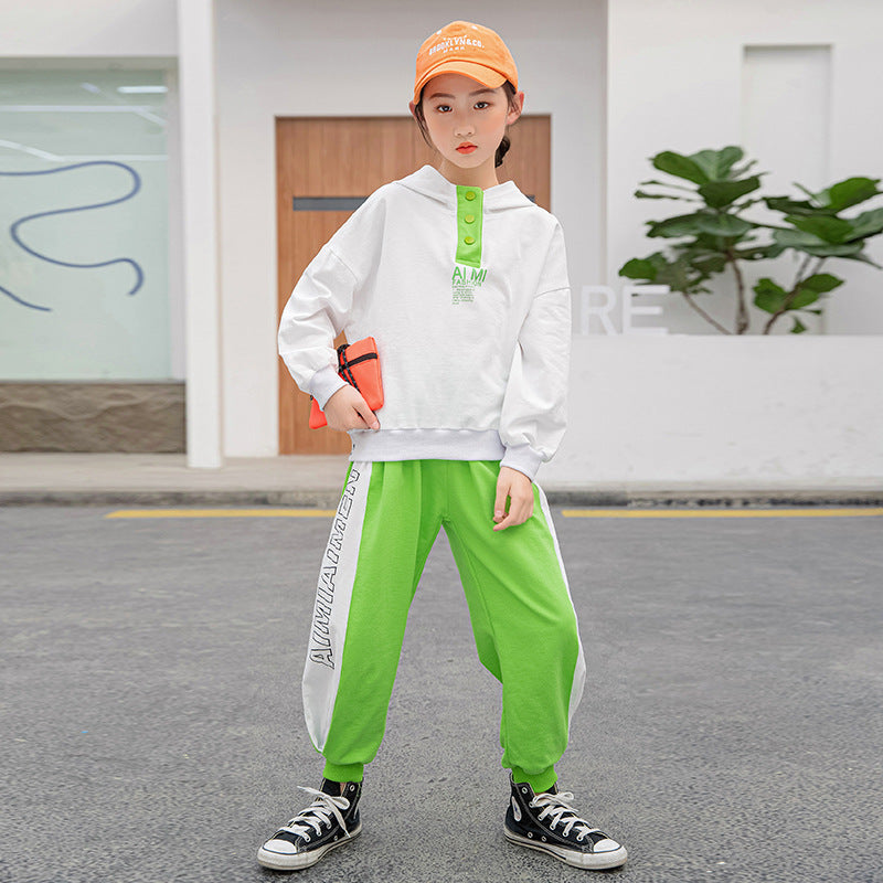 Boys" Spring Suit New Middle School Children"s Hooded Sweater Pure Cotton Color Matching Leggings Children"s Sports Pants Fashion