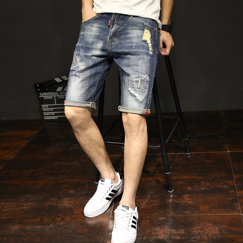 18 New Elastic Pants Summer Men\'s Casual Jeans Korean Fashion Hole Cat Beard Straight Pants