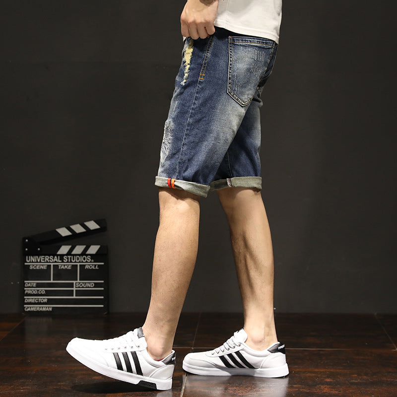 18 New Elastic Pants Summer Men\'s Casual Jeans Korean Fashion Hole Cat Beard Straight Pants