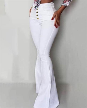 Knäppade byxor med hög midja Kvinnor Solid Slim Fit White Flare Byxor Sommar Elegant Workwear Patalon Femme