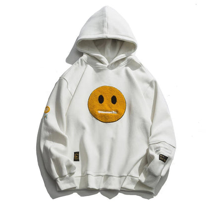 Dragkedja Pocket Smile Face Patchwork Fleece Luvtröja Sweatshirt Streetwear Hip-Hop Casual Huvtröja för män