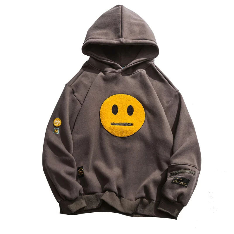 Dragkedja Pocket Smile Face Patchwork Fleece Luvtröja Sweatshirt Streetwear Hip-Hop Casual Huvtröja för män