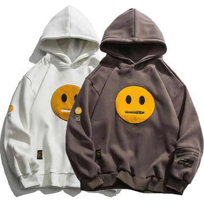 Dragkedja Pocket Smile Face Patchwork Fleece Luvtröja Sweatshirt Streetwear Hip-Hop Casual Huvtröja för män