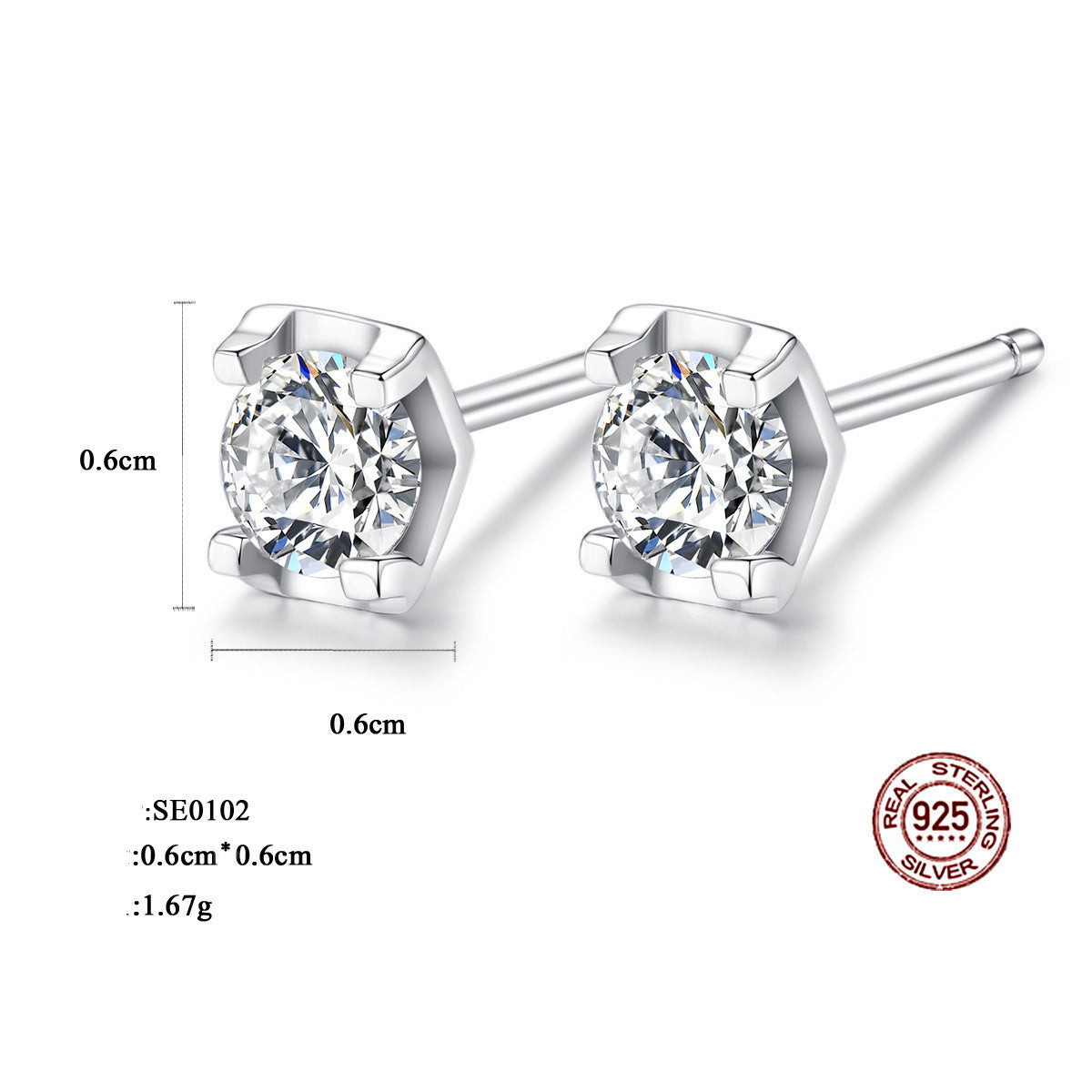 S925 Sterling Silver Stud Earrings Zircon Women's Simple