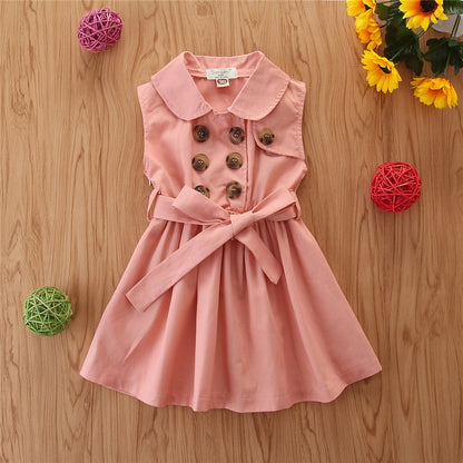 Robe d'été pour petites filles, tenue de princesse décontractée, sans manches, avec ceinture et boutons, tenue de soirée trapèze, vêtements pour enfants de 1 à 6 ans