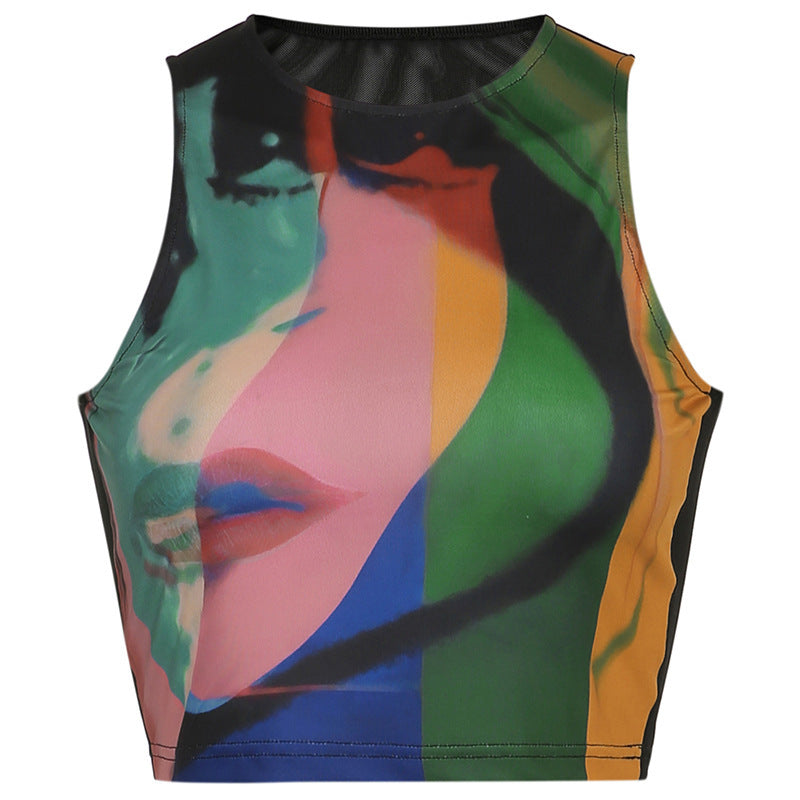 Retro Painting Print  Tank Top Vintage Mesh Tops Women