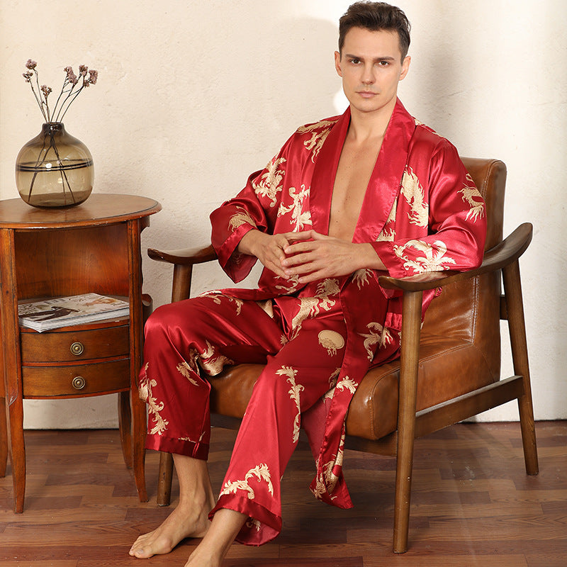 Ensemble pyjama de luxe en soie, Robe et pantalon, deux pièces, imitation soie, manches longues, grande taille, peignoirs, vêtements pour hommes