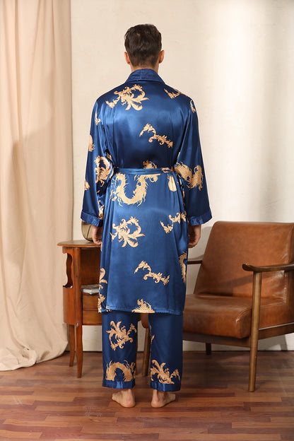 Luxury Silk Robe Pants Pajama Set Two-piece Imitate Silk Long-sleeved Pajamas Large Size Bathrobes Robe Sets For Men Clothing